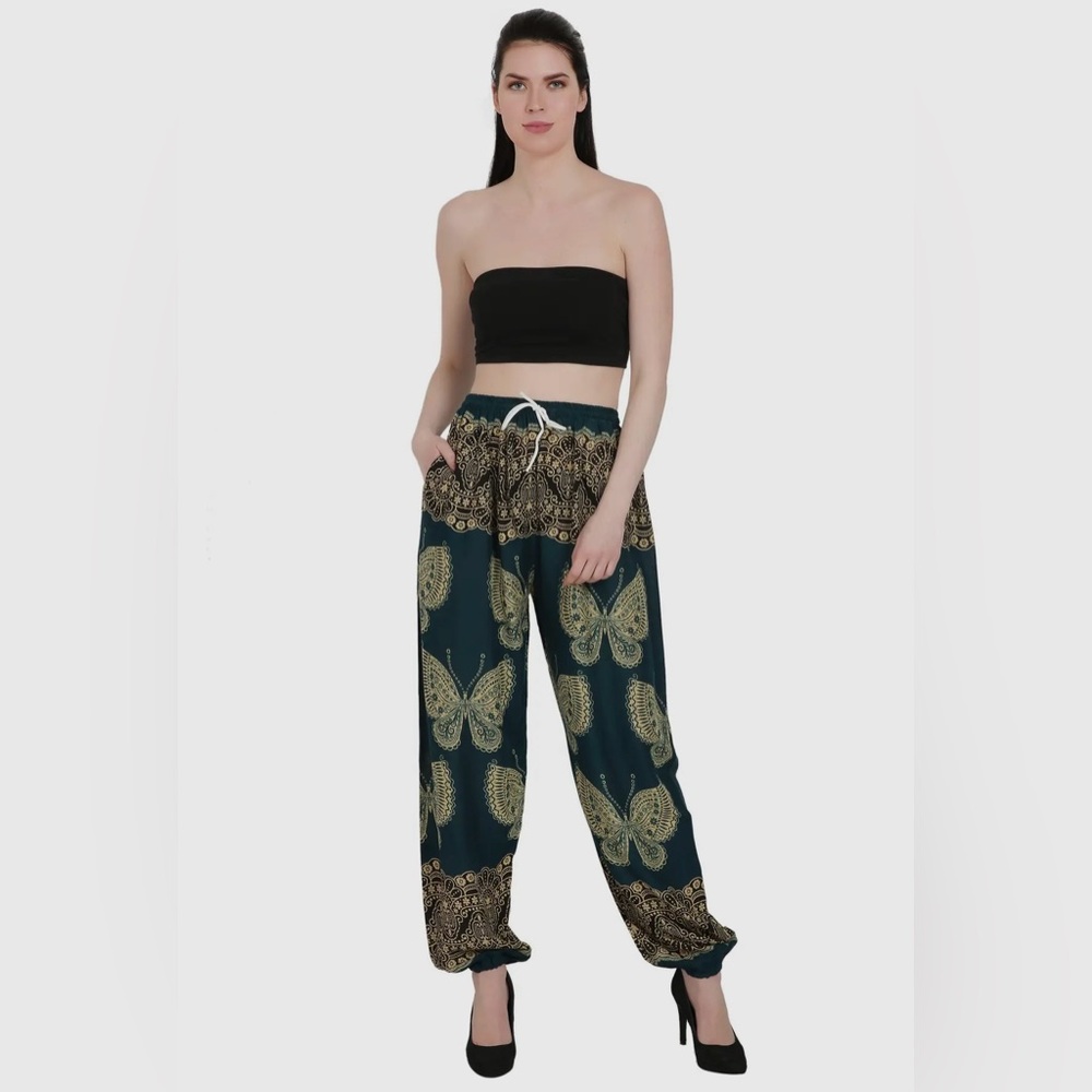 Butterfly Print Track Pants with Drawstring Waist - Teal